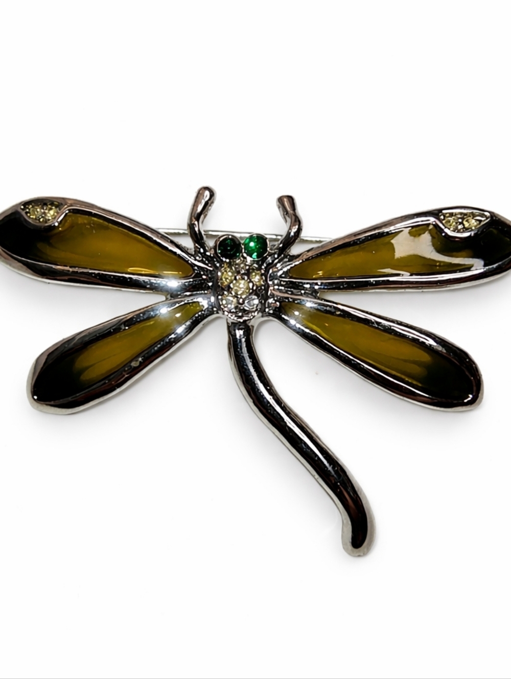 Dragonfly Silver Elegant Amber Lucite Brooch